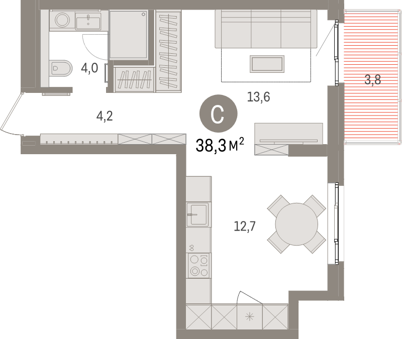 Студия 38,3 м²