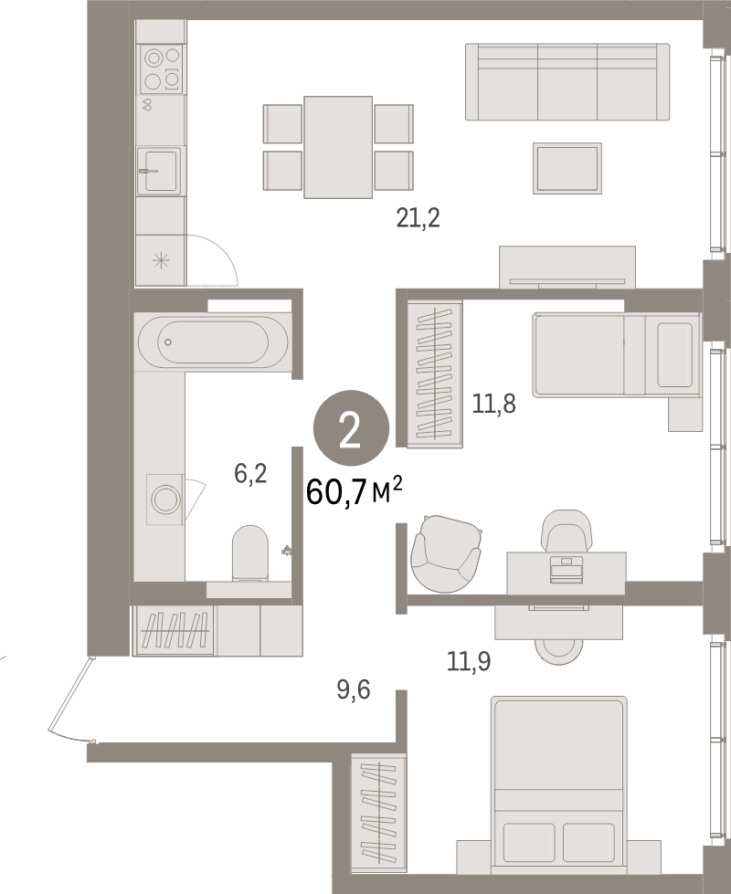 3 ккв (Евро) 60,7 м²