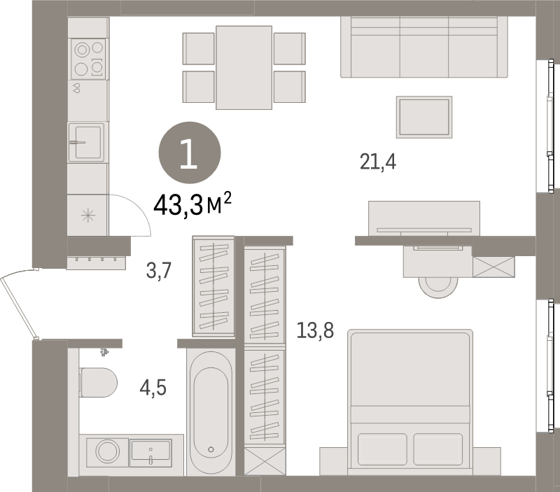 2 ккв (Евро) 43,3 м²