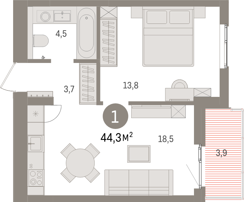 2 ккв (Евро) 44,3 м²