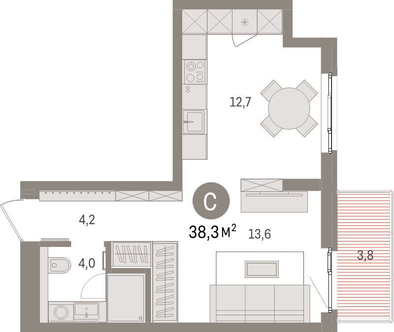 Студия 38,3 м²