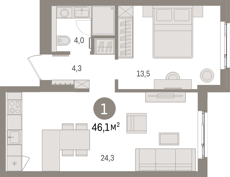 2 ккв (Евро) 46,1 м²