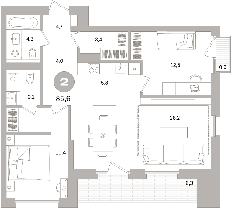 2 ккв 85,6 м²