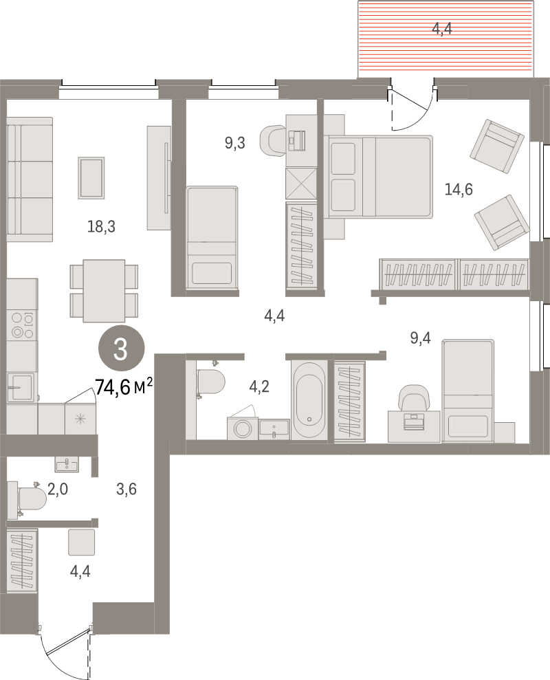 4 ккв (Евро) 74,4 м²