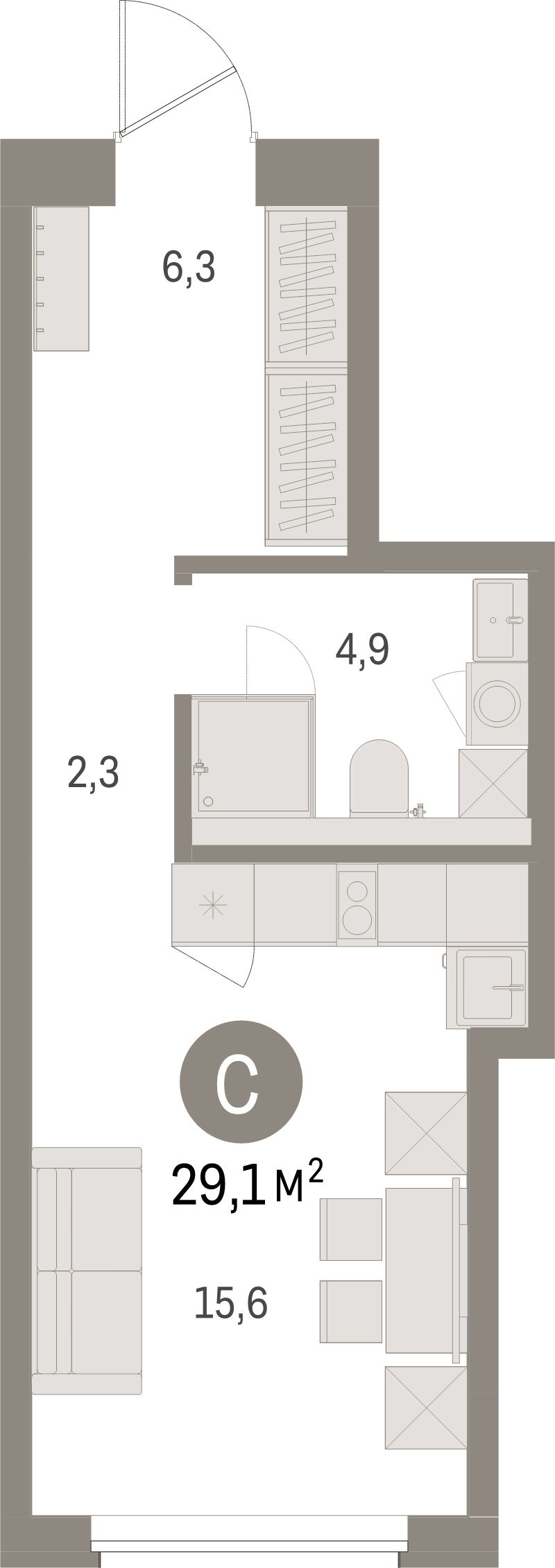 Студия 29,1 м²