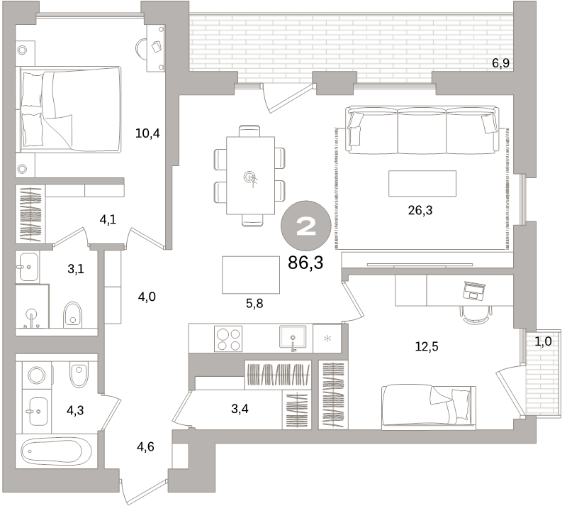 2 ккв 86,3 м²