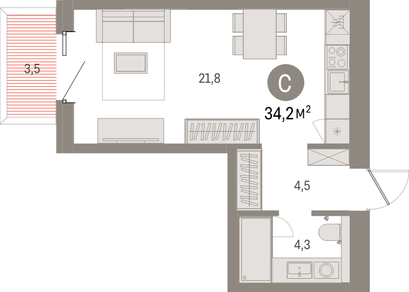 Студия 34,2 м²