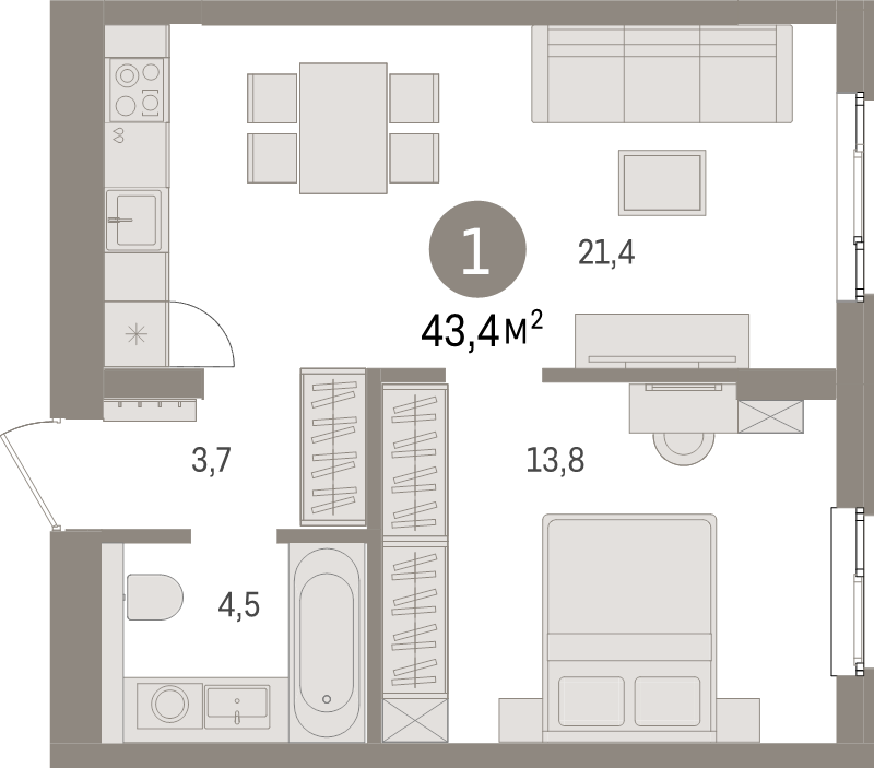2 ккв (Евро) 43,4 м²