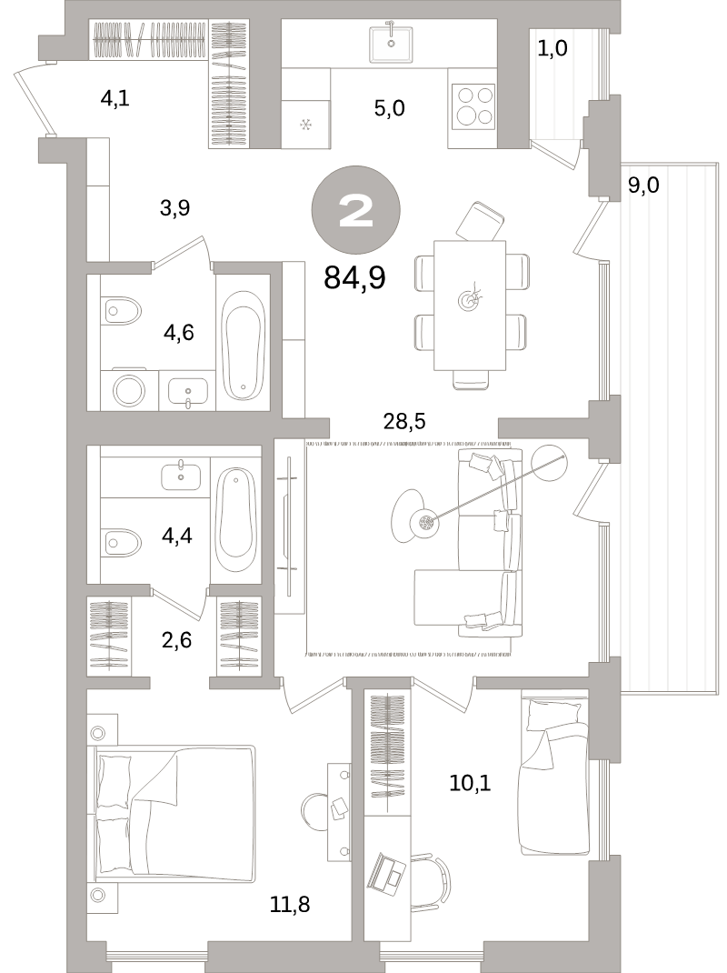 3 ккв (Евро) 84,9 м²