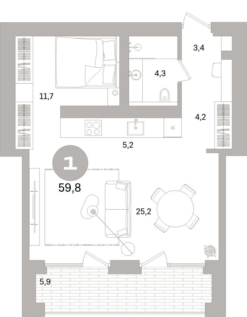 2 ккв (Евро) 59,8 м²
