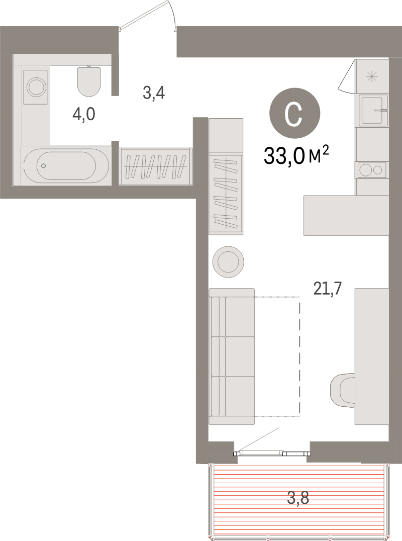 Студия 33 м²