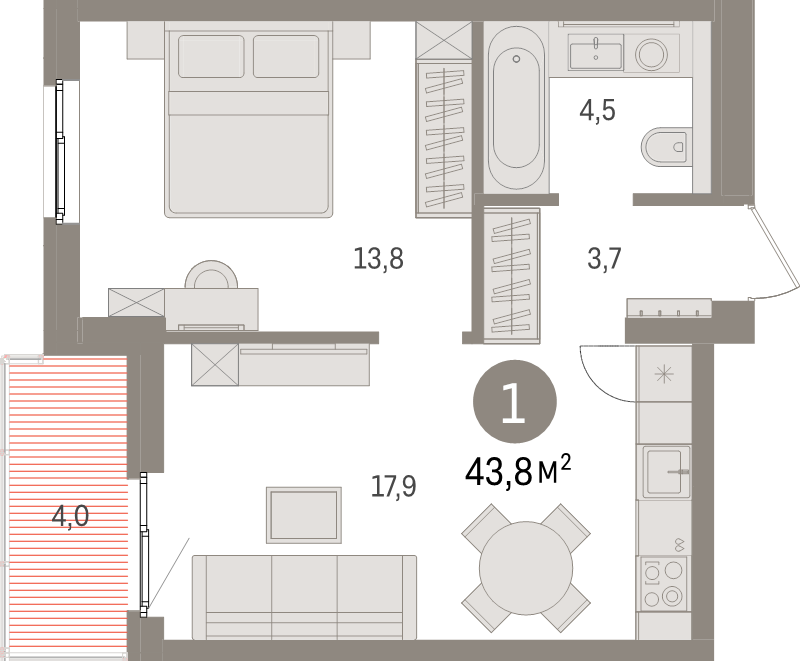 2 ккв (Евро) 43,8 м²