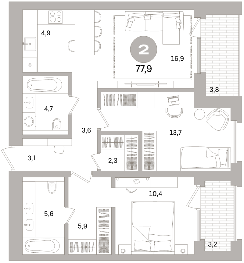 3 ккв (Евро) 77,9 м²