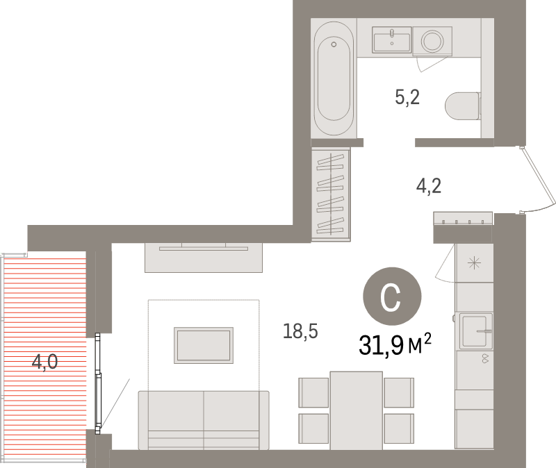 Студия 31,9 м²