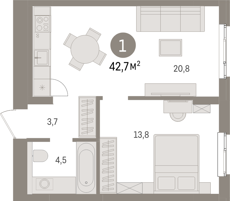 2 ккв (Евро) 42,7 м²