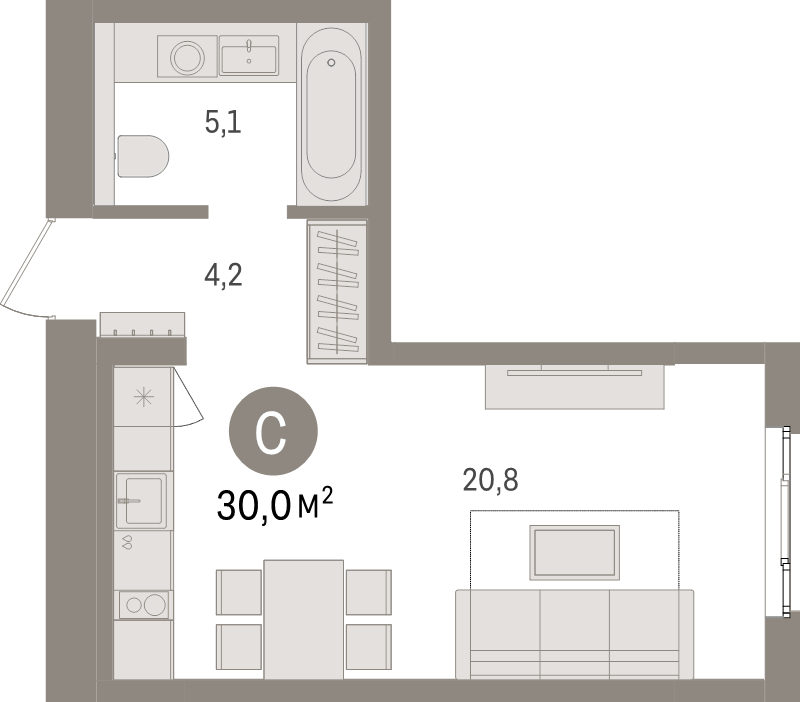 Студия 30 м²