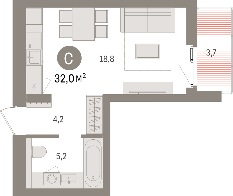 Студия 32 м²