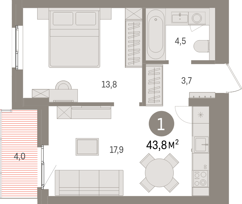 2 ккв (Евро) 43,8 м²