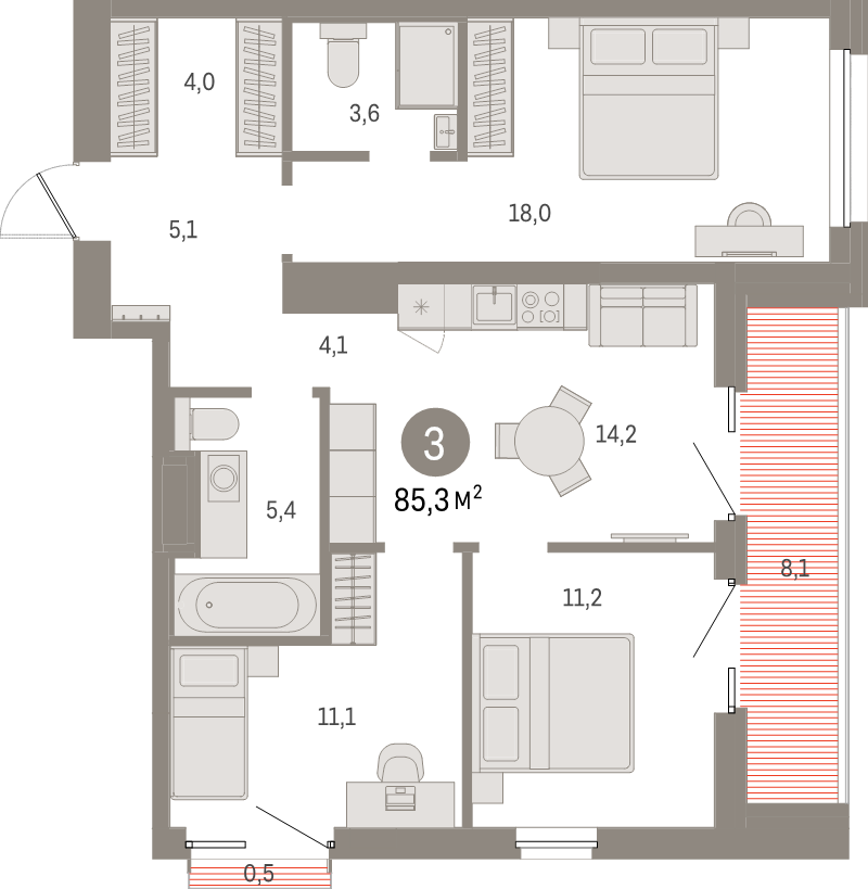 3 ккв 85,3 м²