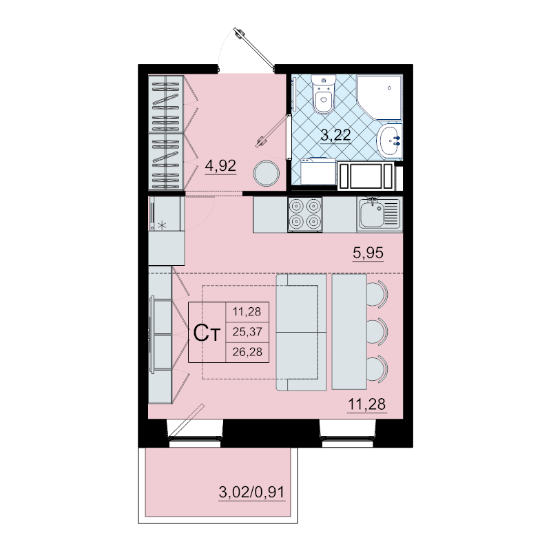 Студия 26,3 м²