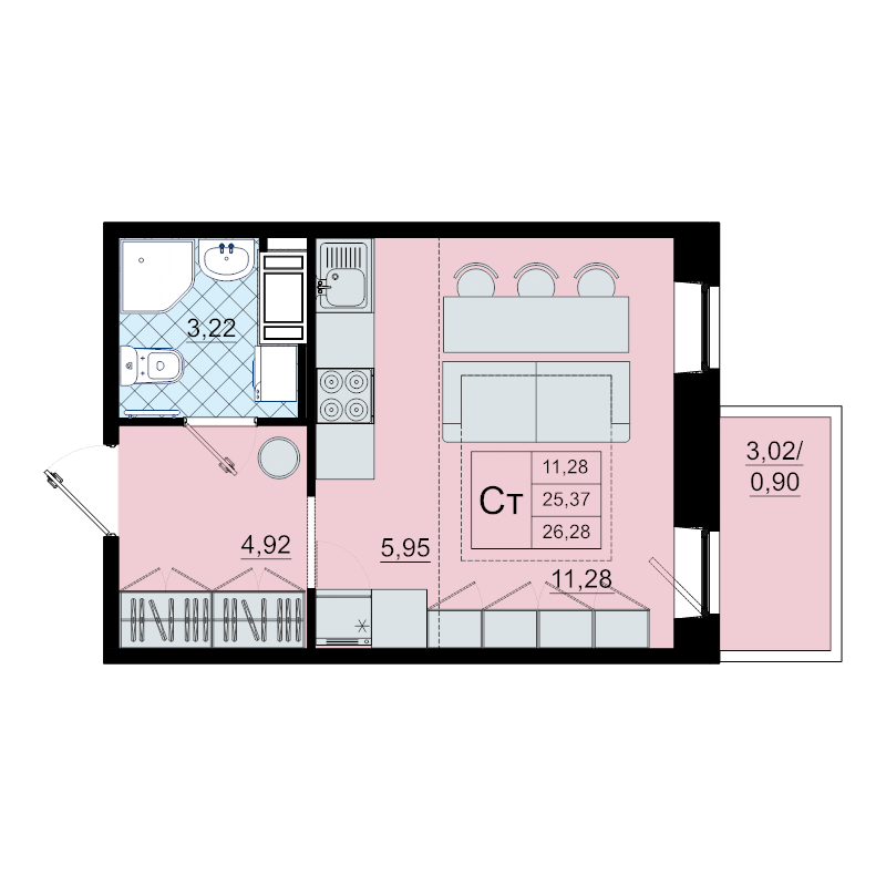 Студия 26,3 м²