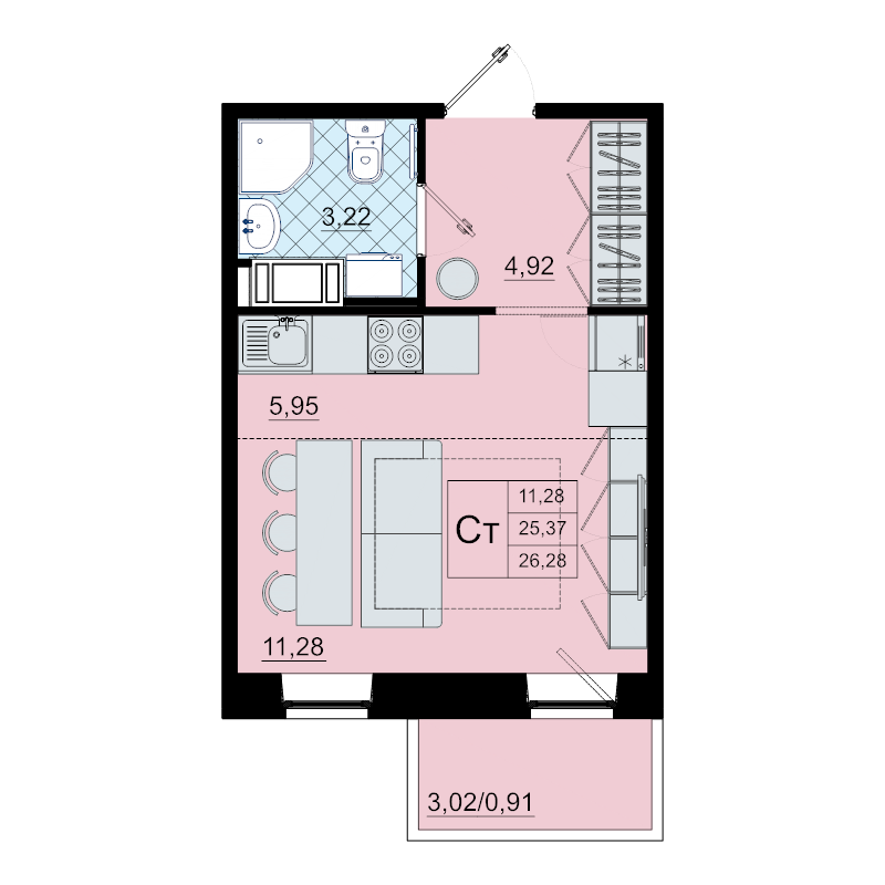 Студия 26,3 м²