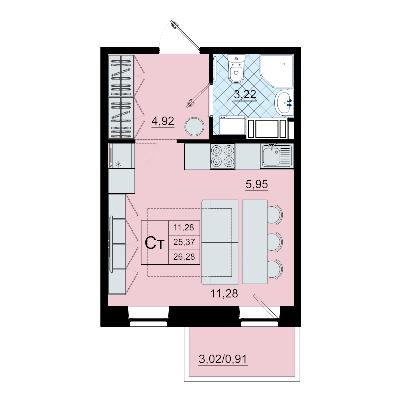 Студия 26,3 м²