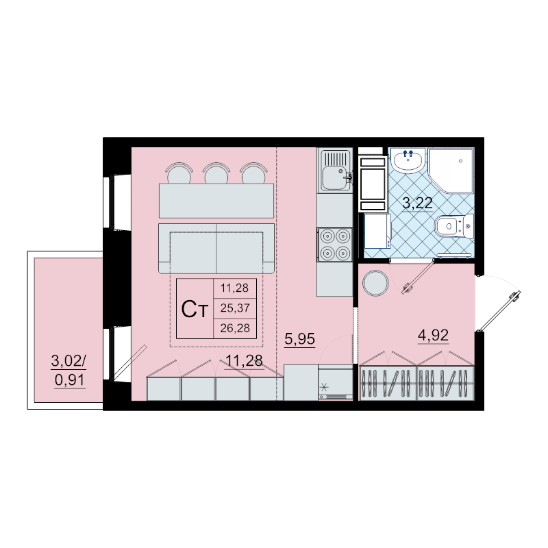 Студия 26,3 м²