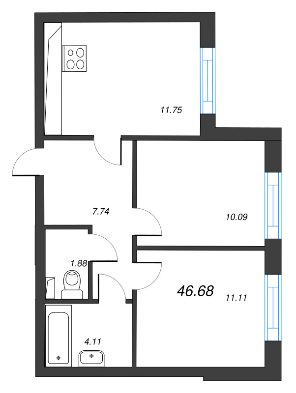 2 ккв 46,7 м²