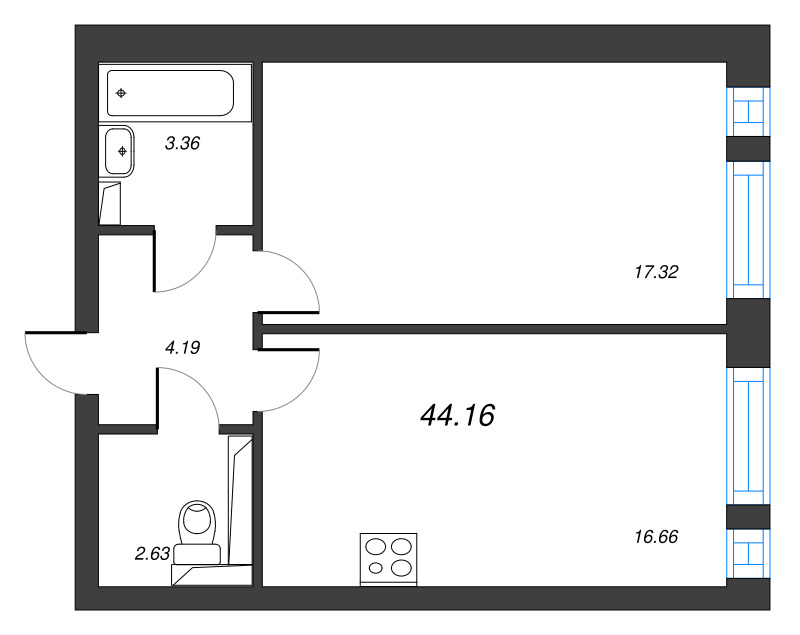 2 ккв (Евро) 44,2 м²