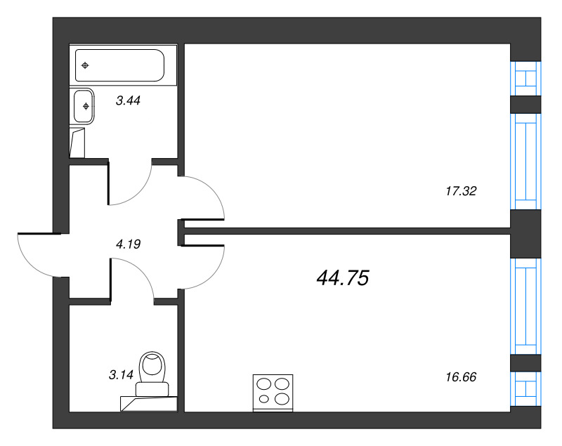 2 ккв (Евро) 44,8 м²