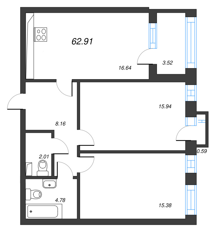 3 ккв (Евро) 64,2 м²