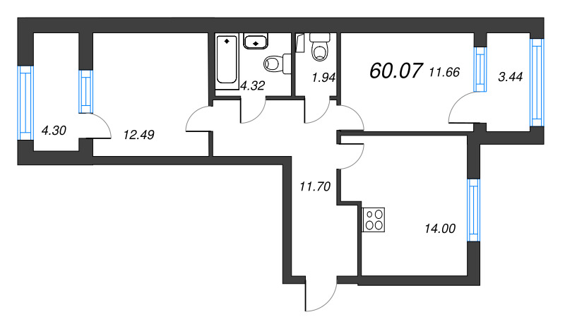 2 ккв 60,1 м²