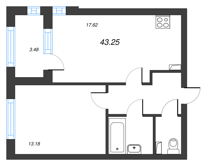 2 ккв (Евро) 43,3 м²