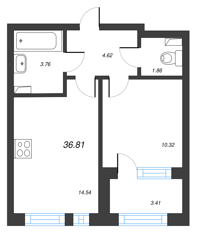1 ккв 36,8 м²