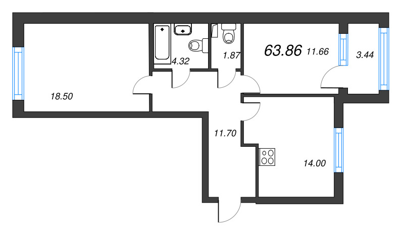 2 ккв 63,9 м²