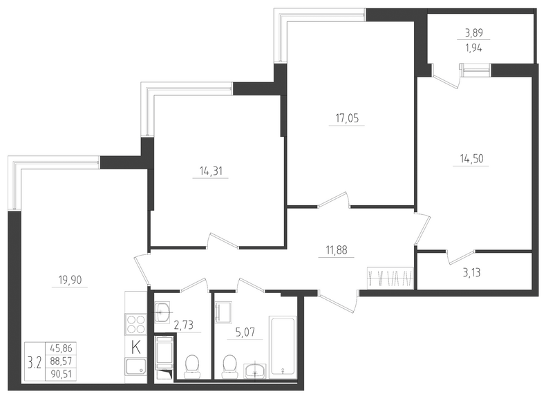 4 ккв (Евро) 90,5 м²