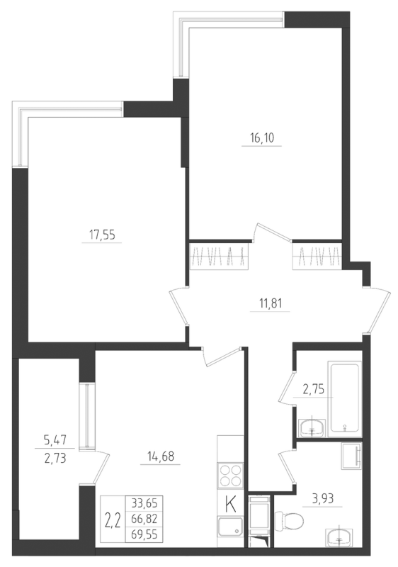 2 ккв 69,6 м²