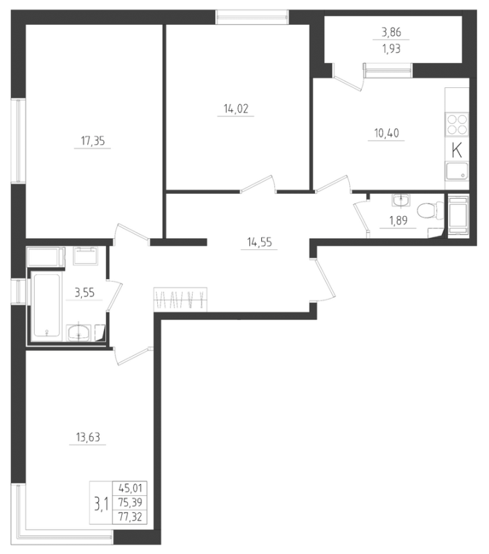 3 ккв 77,3 м²