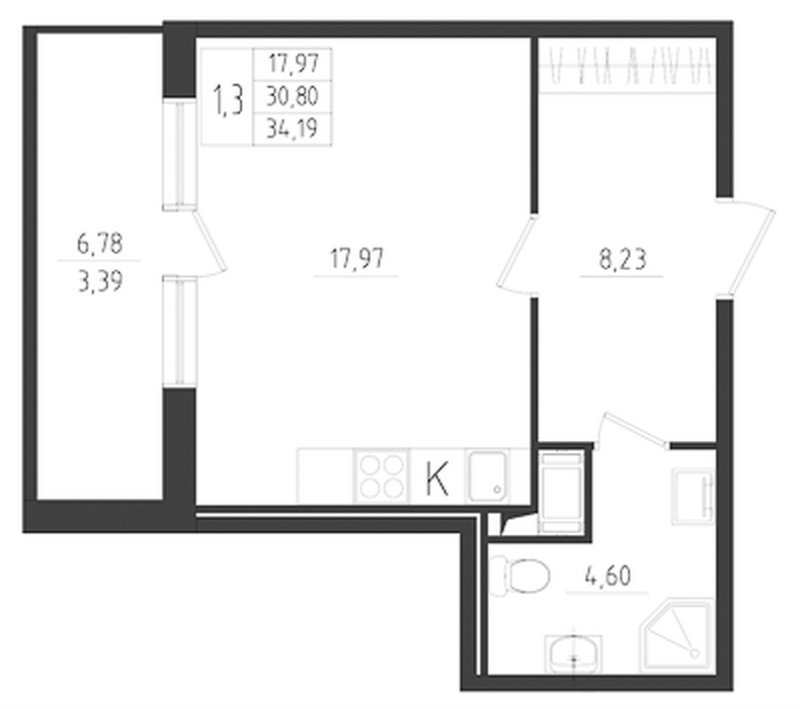 Студия 34,2 м²