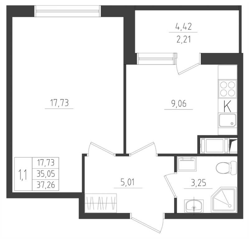 1 ккв 37,3 м²