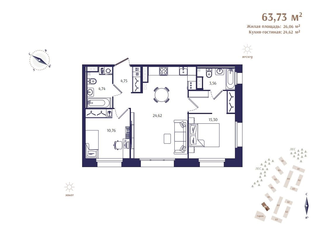 3 ккв (Евро) 63,7 м²