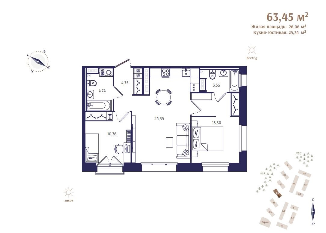 3 ккв (Евро) 63,5 м²