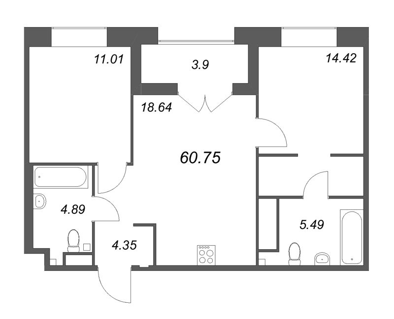 3 ккв (Евро) 60,8 м²