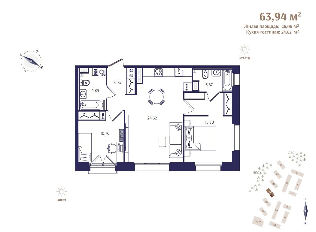 3 ккв (Евро) 63,9 м²