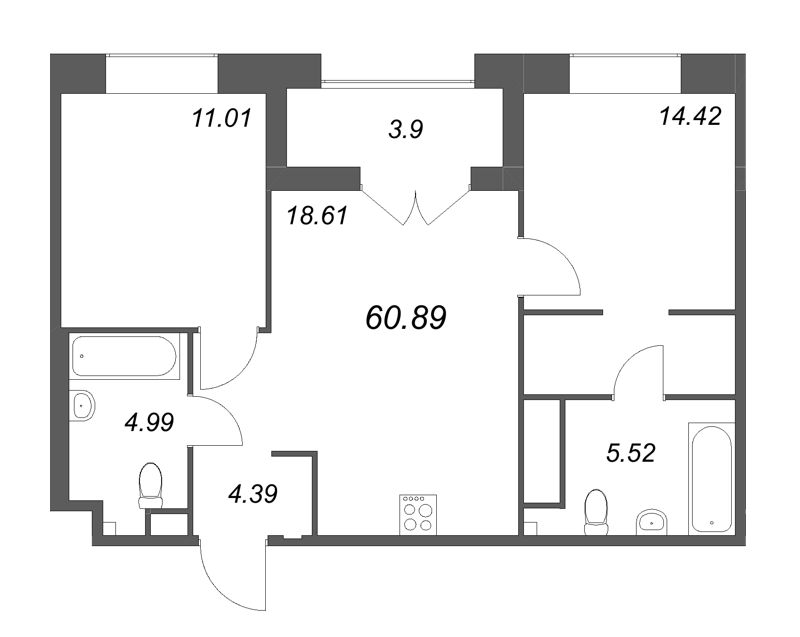 3 ккв (Евро) 60,9 м²