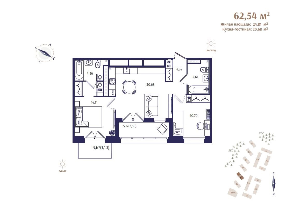 3 ккв (Евро) 62,5 м²
