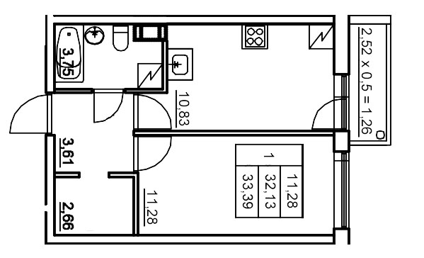 1 ккв 33,4 м²