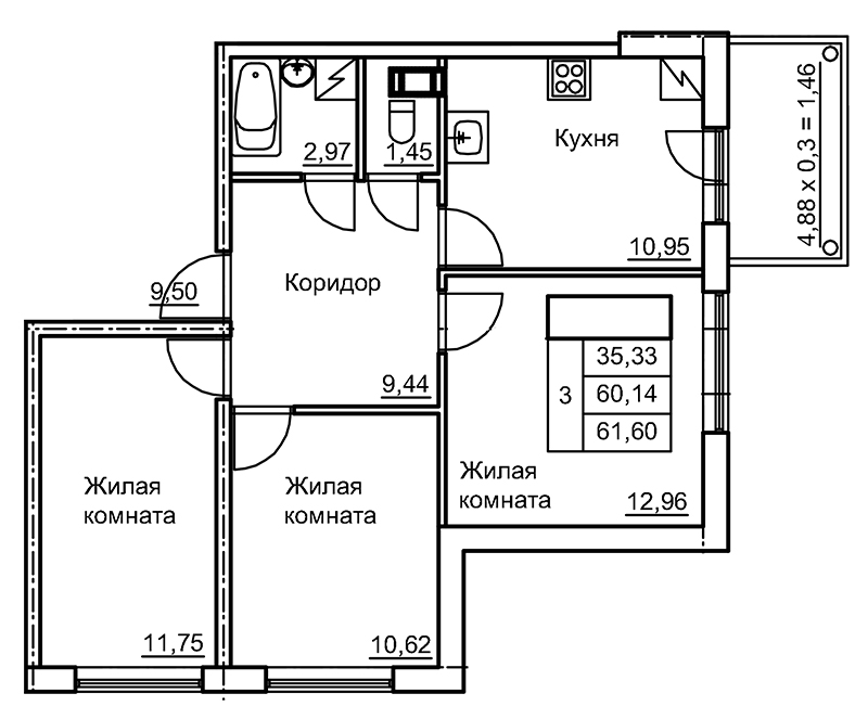 3 ккв 62,4 м²
