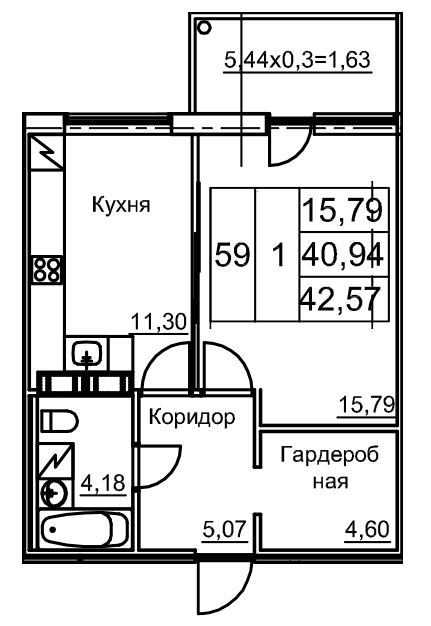 1 ккв 43,7 м²